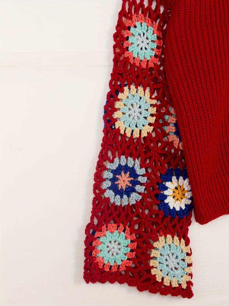 Jacke Gestrickte Trompetenärmel Hand Ausgehöhlt Gemischte Farbe Häkeln Pullover Rundhals Pullover Top_voghion.com