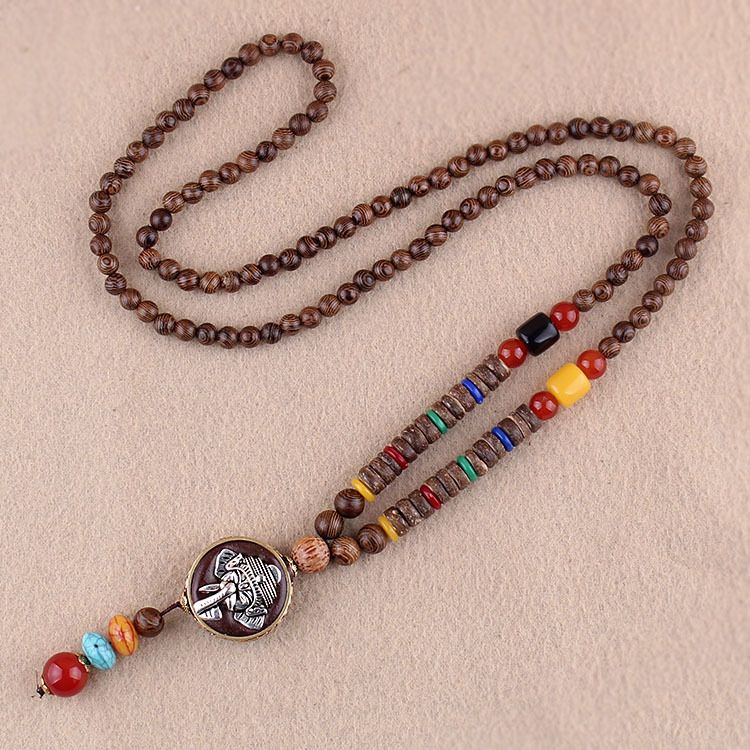 Collana lunga per maglione in stile etnico, ciondolo Bodhi, collana con perline di legno, accessori con ciondolo in cotone e lino per uomo e donna_voghion.com