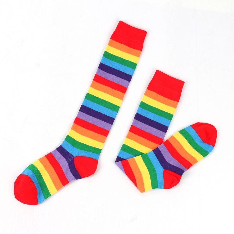 Unisex Kleurrijke gestreepte kniekousen Dames katoenen sokken Heren mid-tube sokken Vakantiefeest regenboog kuitsokken_voghion.com