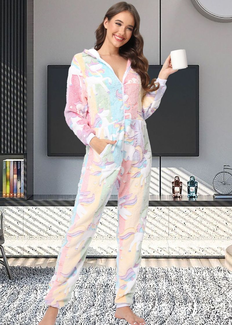 Damen Kleeschen Routkäppchen Flanellgedréckte Jumpsuit Pyjama Heemkleeder_voghion.com