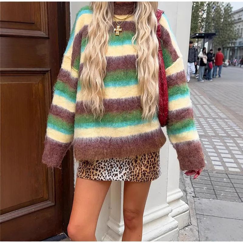 Women's Clothing Comfortable Casual Colorful Round Neck Striped Knit Sweater - Soft & Cozy Round Neck Pullover, Colorful Casual Top For Fall & Winter_voghion.com