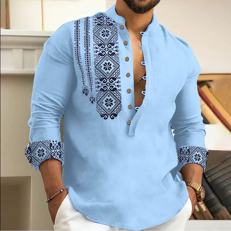 2025 Herren Kunst Bedruckt Neue Mode Frühjahr Und Herbst Langarm Leinen Hemd Taste Bequeme Stoff Street Trend_voghion.com