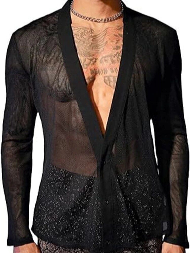 Neu Frühling Sexy Shis Männer Sehen Durch Transparent Lose Mesh Tops Männlich Strand Mode Tiefem V-ausschnitt_voghion.com