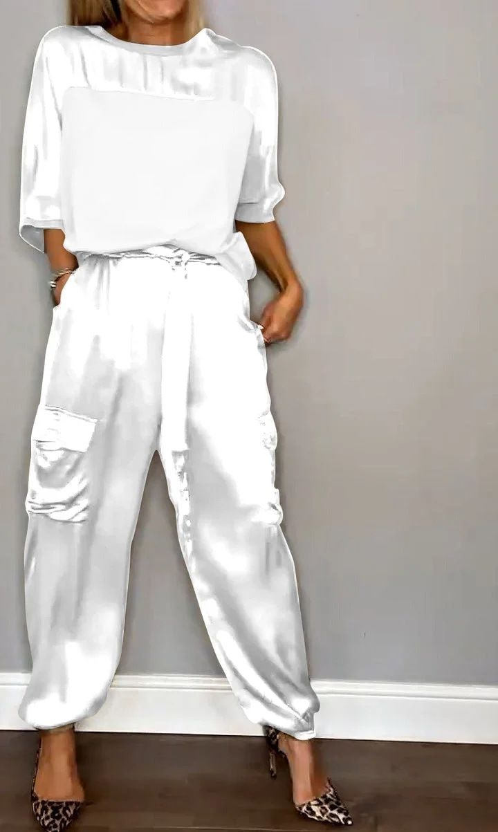 Women's Clothing Fashion Women's Smooth Satin Half sleeved Top and Pants Set Two piece Set_voghion.com