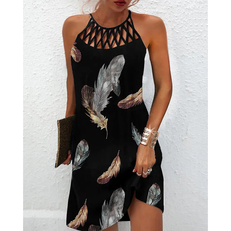 Rochie casual fără mâneci, cu imprimeu din plasă și curea, în stil etnic, 2025, primăvară/vară, nouă, pentru femei_voghion.com