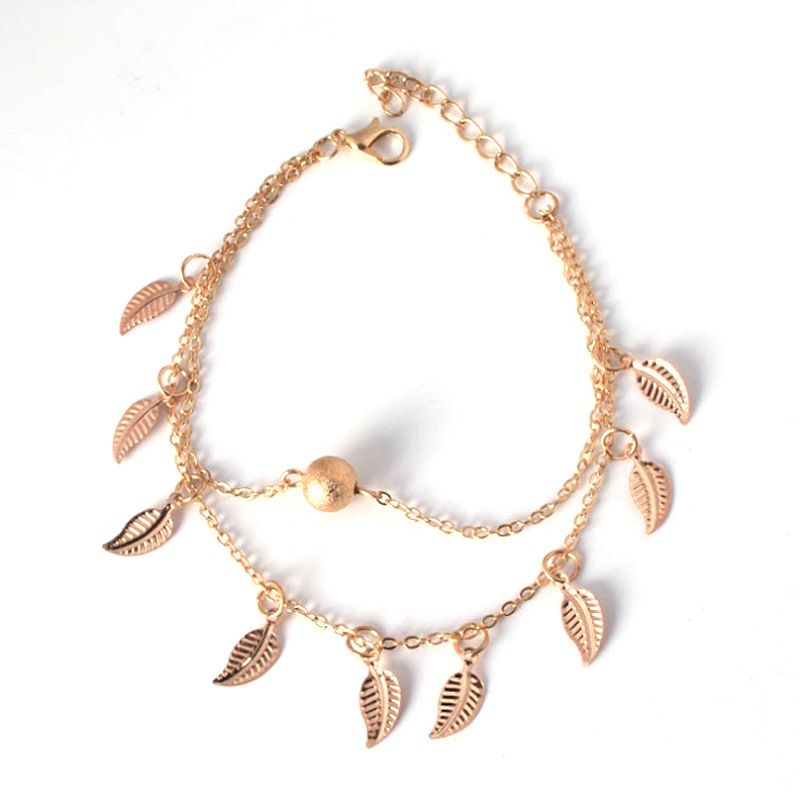 Bohemian Vacation Ethnic Women's Anklet Body Chain Beach Leaf Foot Decoration Simple Double Fringed Ethnic Style Women's Small Leaf Anklet_voghion.com