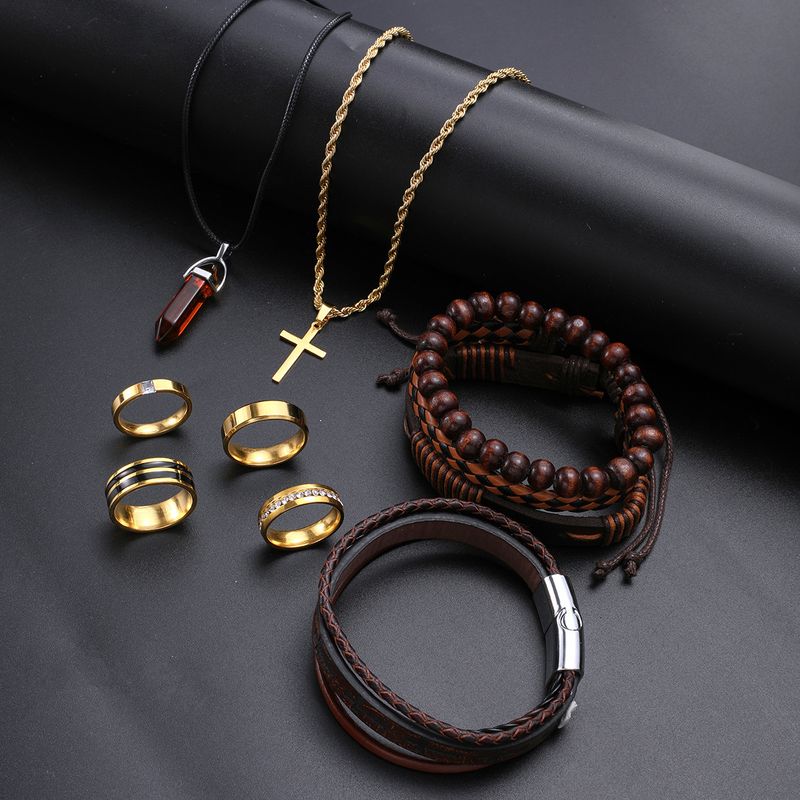 Beliebtes handgewebtes Herrenarmband im Retro-Leder mit Perlenarmband und High-End-Ring-Halsketten-Set_voghion.com