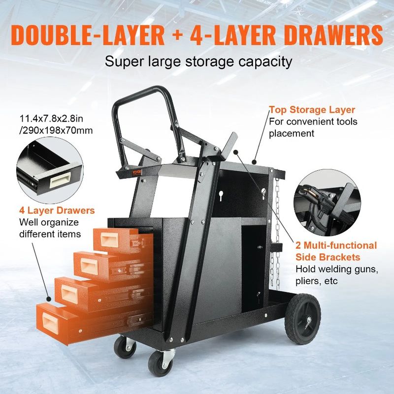 Cart Welding Heavy Cart, 360° Capacity, 2-Tier Swivel LBS With Weight Storage 265 Drawers Safety Chains, Wheels, Tank Welder 4_voghion.com