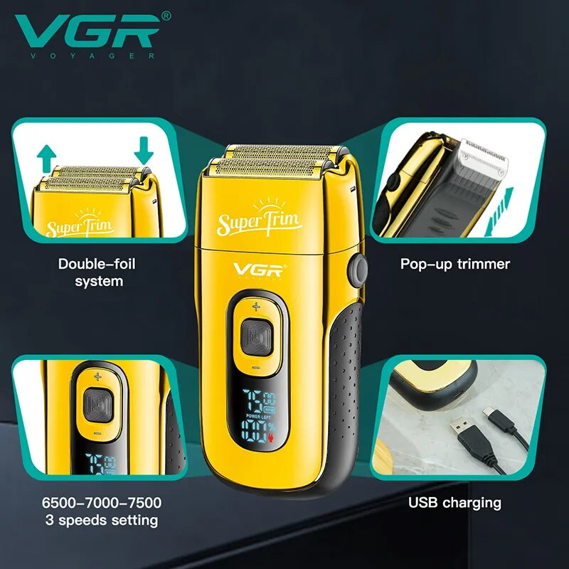 VGR Rechargeable 3-Speed Beard & Hair Shaver For Men Bald Head Shaving hine Barber Electric Razor With Extra Mesh_voghion.com