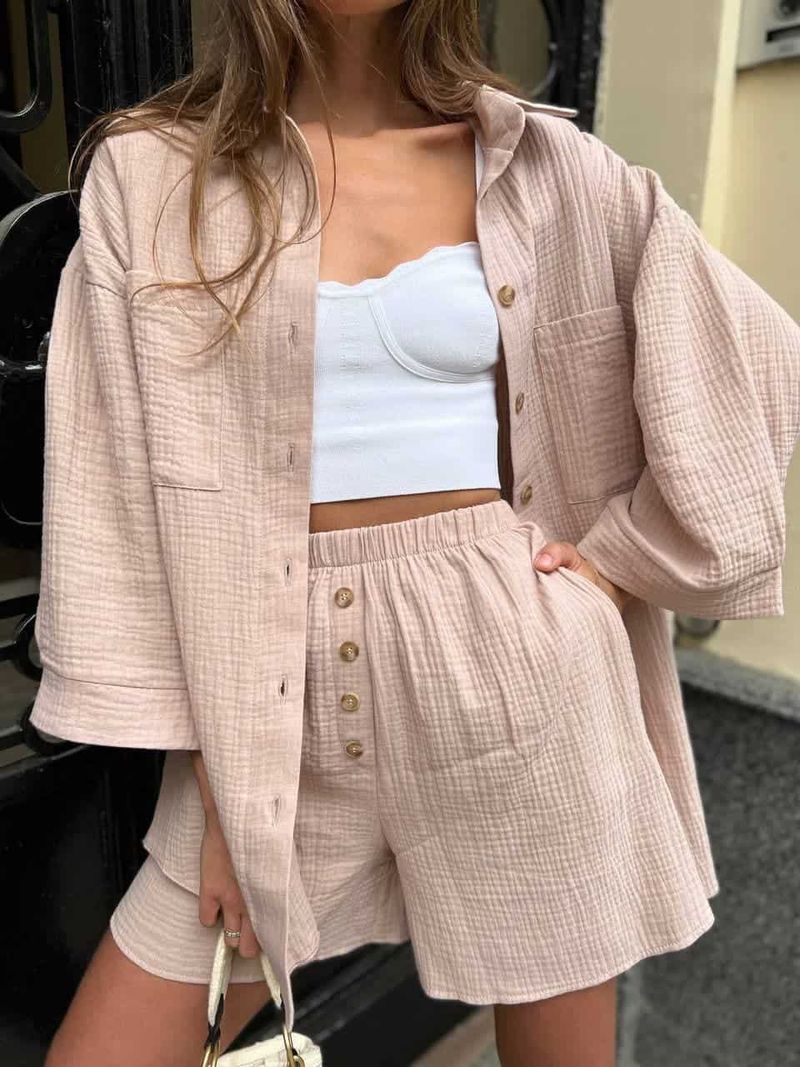 Vêtements pour femmes, tempérament décontracté, nouveaux vêtements pour femmes, couleur unie, cardigan, haut boutonné, short tendance, ensemble deux pièces_voghion.com