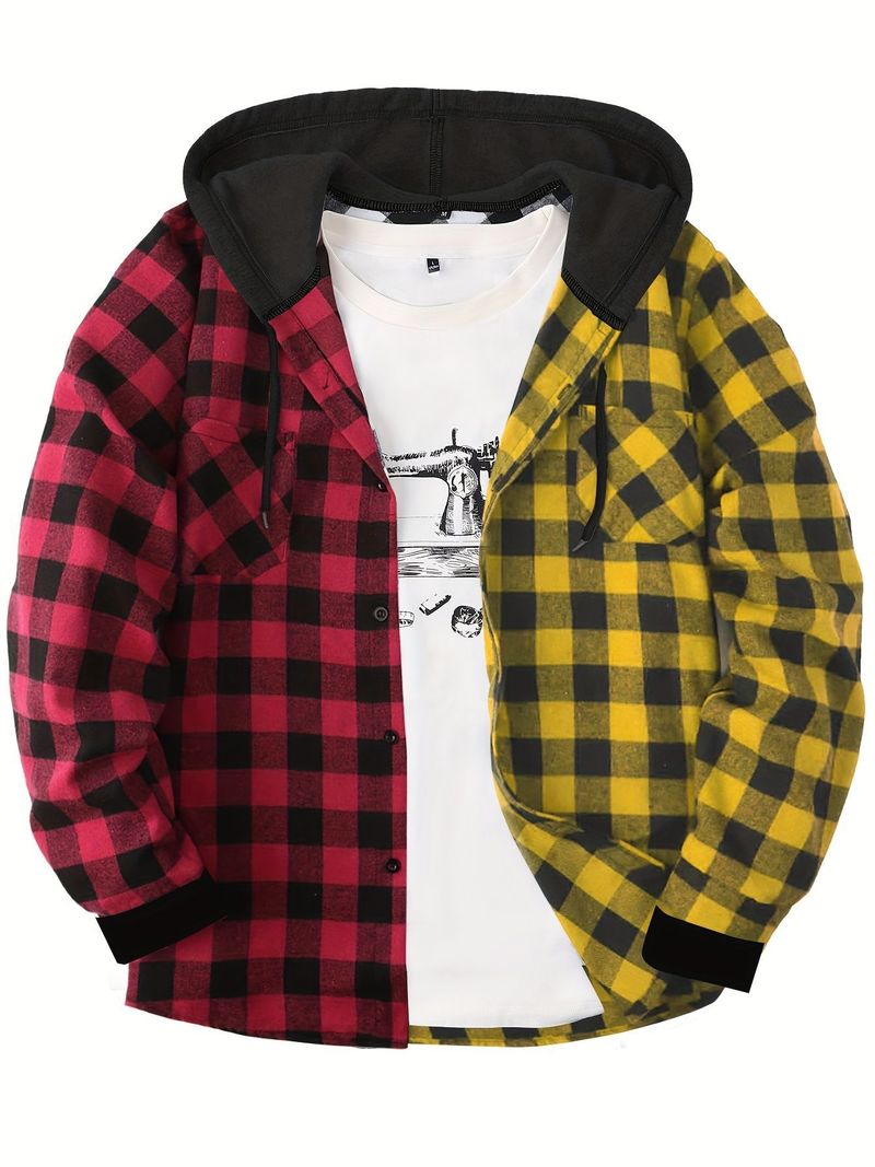 Felpa con cappuccio a quadri, con cappuccio in flanella e con cappuccio a contrasto, con cappuccio di tendenza alla moda di New York da uomo_voghion.com