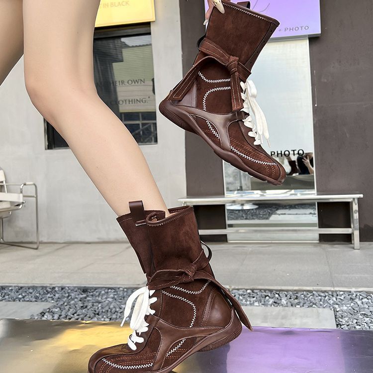 Inner Height Increase Duck Hunting For Women, Ins Style Versatile Color Block Niche Design Lace-up Boxing Boots, Outdoor_voghion.com