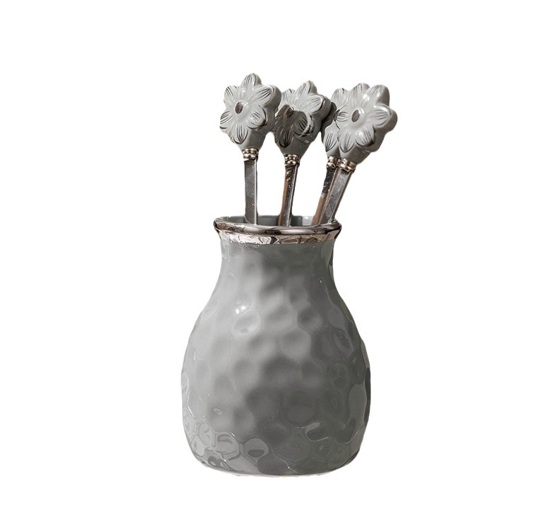Light luxury hammered ceramic fruit fork jar set to store household flower-shaped fruit fork creative stainless steel fruit picks wholesale_voghion.com