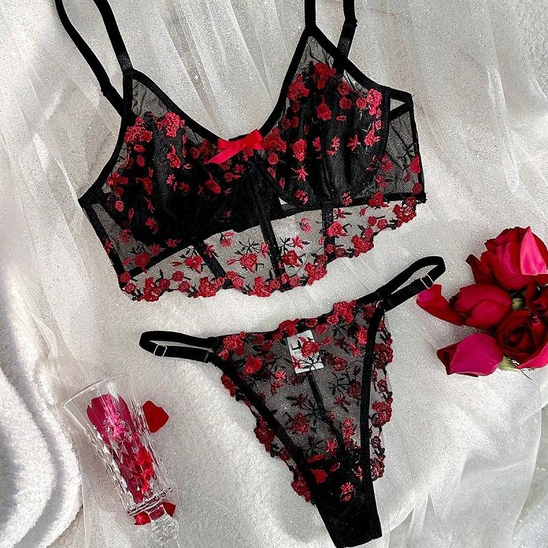 Women's clothing colored mesh sexy breathable adjustable thin strap thong with exposed breasts embroidery three button suspenders hot low waist_voghion.com