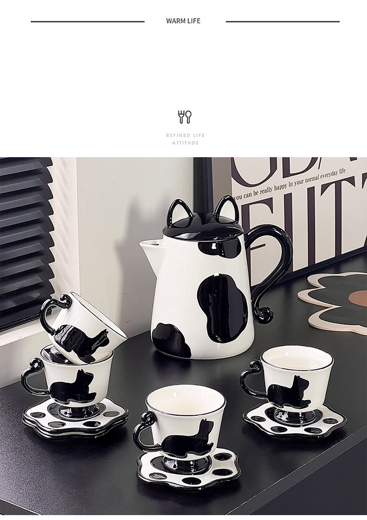 Nordic Cream Style Contrast Color Cat Water Set Home Cute Cat Kettle Ceramic Cup Set Housewarming Gift_voghion.com