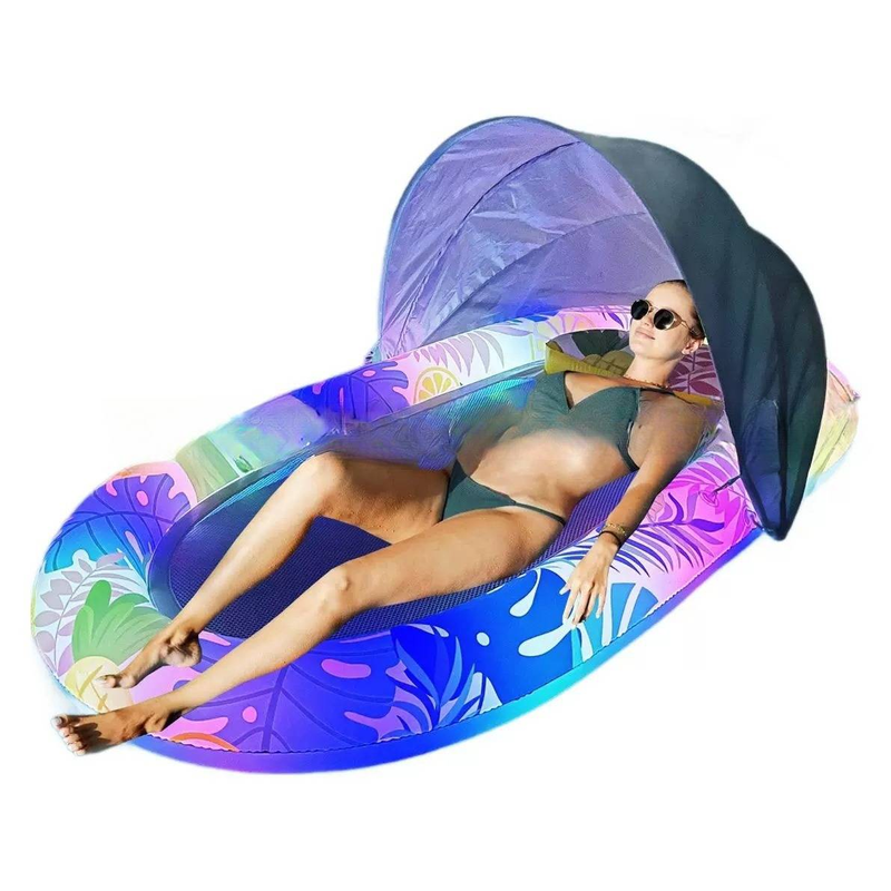 Aufblasbarer Sonnenschutz-Schwimmkörper mit LED-Leuchten, blumenförmiger Lounge-Sessel für Pool, Strand, See, atmungsaktive Netzrückenlehne, U-förmiger Sitz_voghion.com