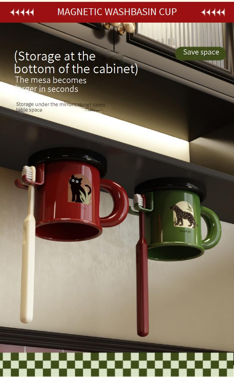 Family Organizer Inverted Magnetic Toothbrush Cup Punch Free Bathroom With Handle Retro Wash Cup Set Device Rack_voghion.com