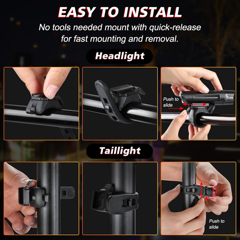 Set di luci per bicicletta ricaricabili tramite USB ultra luminose, potente fanale anteriore e posteriore, 4 modalità di illuminazione, facile da installare, nero_voghion.com