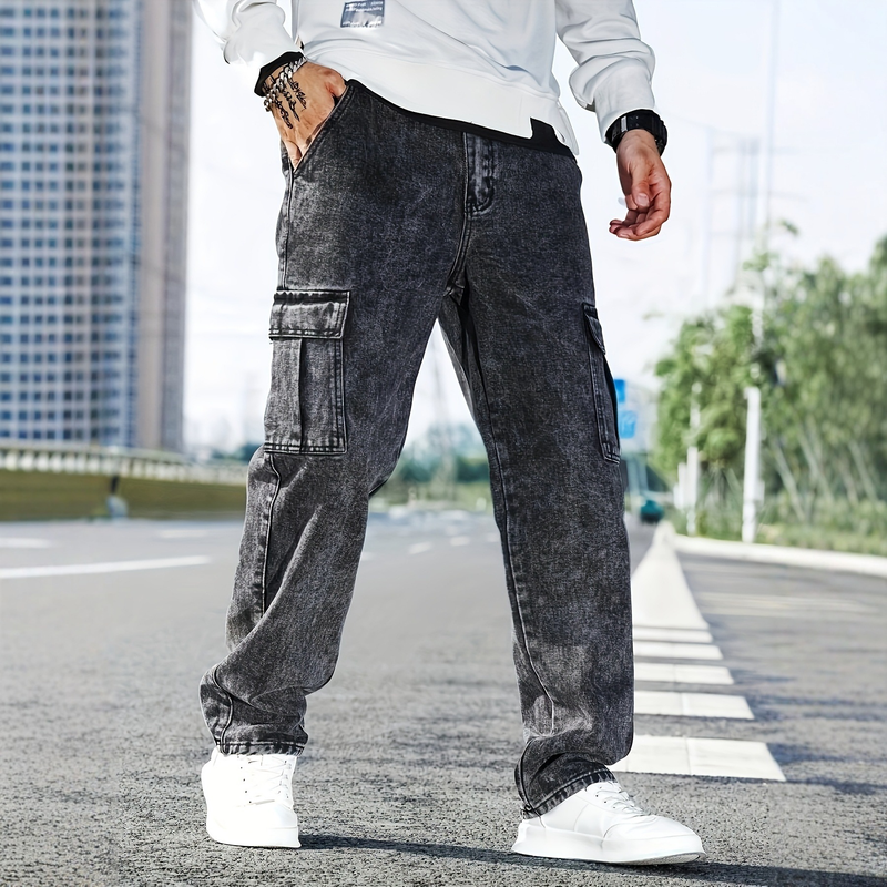 Herrenbekleidung Herren Cargo Workwear Jeans - Übergroße Utility-Jeans mit mehreren Taschen (Grau, S-XXL)_voghion.com