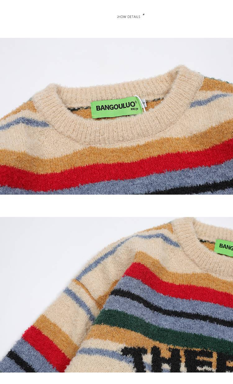 Maglione unisex in jacquard con lettere a righe e blocchi di colore retrò, vestibilità comoda e casual_voghion.com