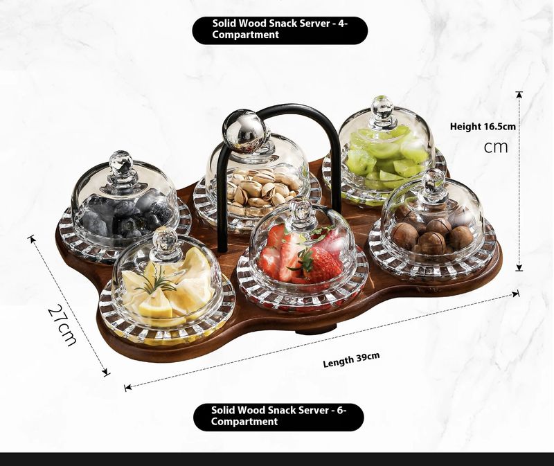Snacktablett-Set aus Walnussholz und Glas – Elegante Servierplatte mit 4/6 Fächern für Obst, Nüsse und Desserts (weißes Glas + natürliches Holz-Finish)_voghion.com
