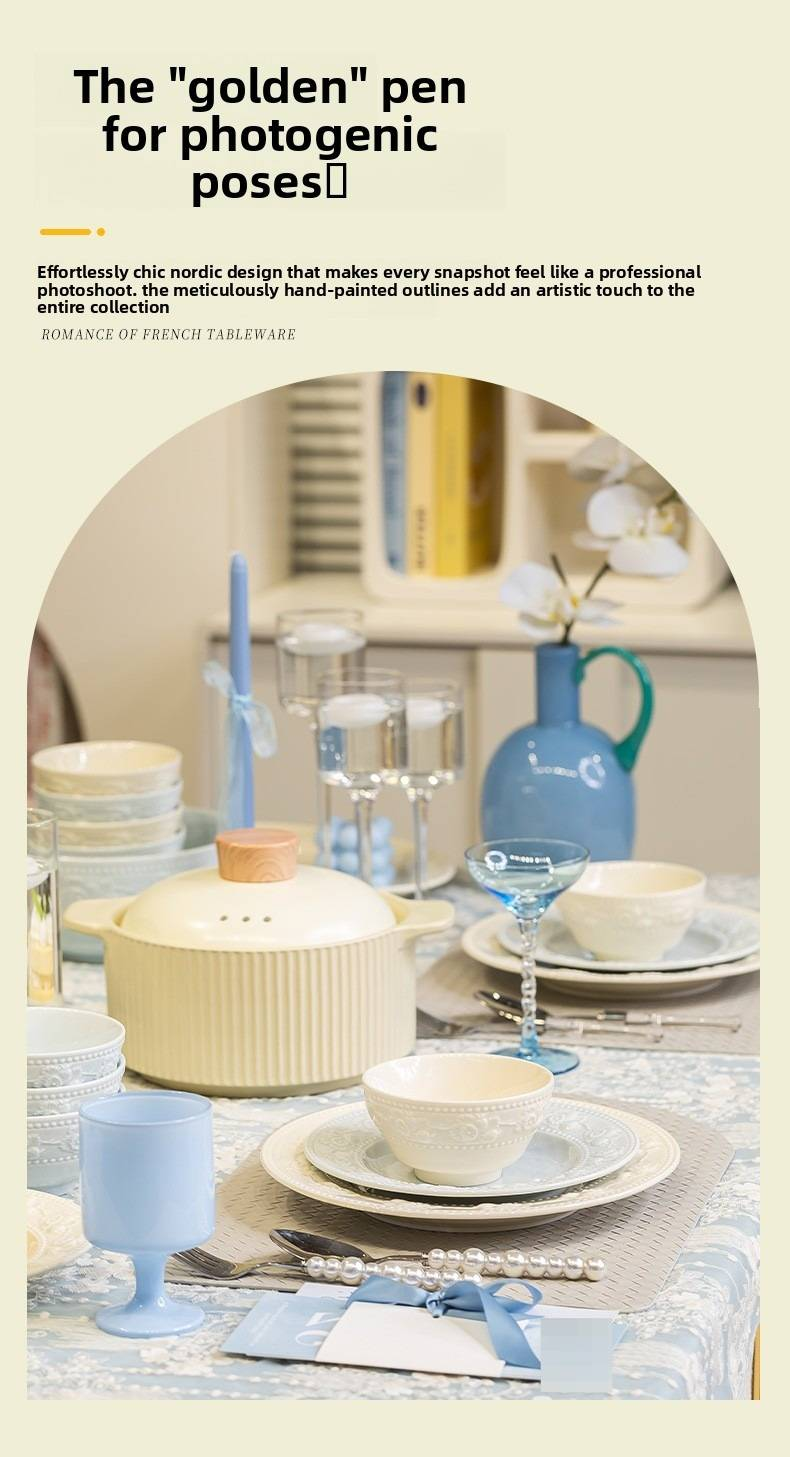 Französisches Geschirrset für den Hausgebrauch, hoher ästhetischer Wert für Mädchen, hübsches Keramikschüsselset, neues geprägtes Geschirr_voghion.com