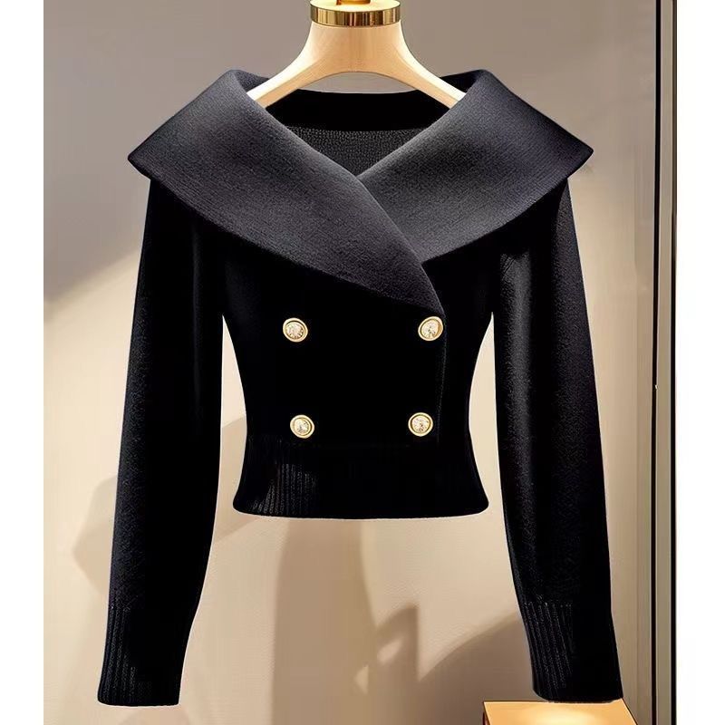 Maglione lavorato a maglia con colletto oversize chic per donna: pullover corto aderente con definizione della vita lusinghiera, morbido ed elegante per abbigliamento casual e da ufficio_voghion.com