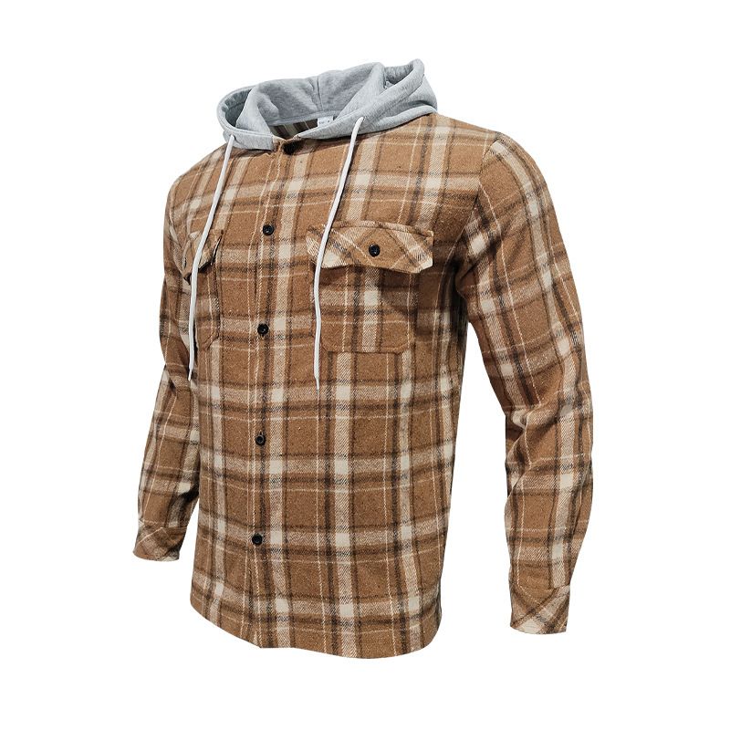 Camicia casual alla moda da uomo in stile americano, autunno inverno, con cappuccio, in flanella jacquard a quadri_voghion.com
