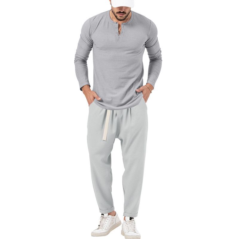 Men's solid color casual long-sleeved Henry T-shirt pantsuit_voghion.com