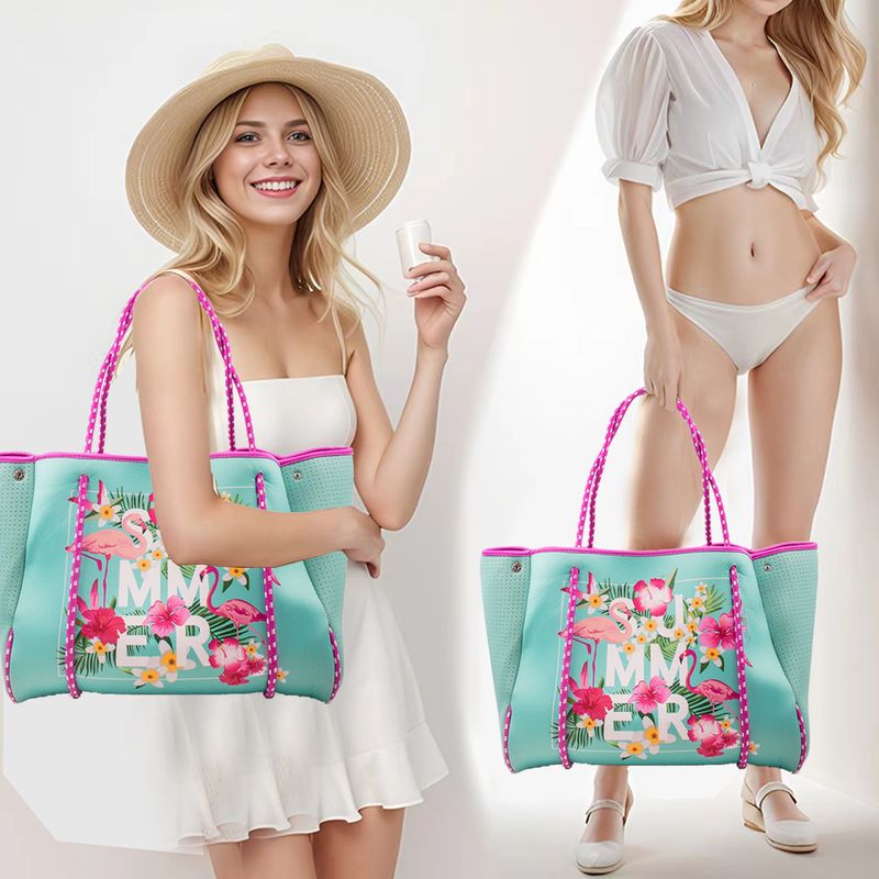 Tauchstoff Strandtasch, bedréckte Flamingo Handtasche, Outdoor Picknick Fraen Handtasche mat grousser Kapazitéit_voghion.com