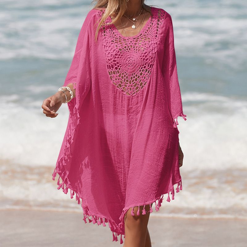 Gehäkeltes Strandkleid – Kurzes Boho-Kleid mit Fransenbesatz (Einheitsgröße, Badebekleidungs-Wickelkleid, Resort-Kleidung, UV-Schutz)_voghion.com