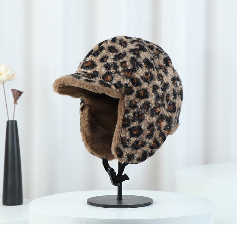 Korean Style New Autumn Winter Leopard Print Plush Lei Feng For Women Outdoor Cycling Warm Skiing Ear Protection Hat_voghion.com