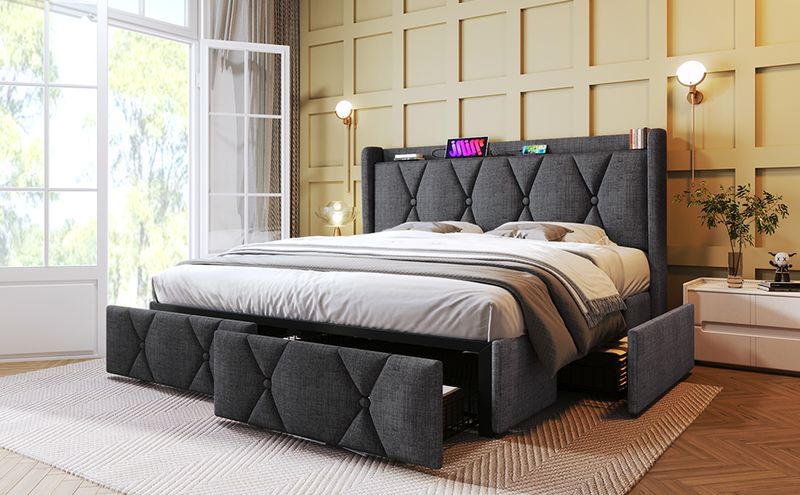 Cadre de lit double avec rangement 140 x 200 cm, avec port USB, tête de lit capitonnée et 4 tiroirs, sommier à lattes en bois gris (avec matelas)_voghion.com