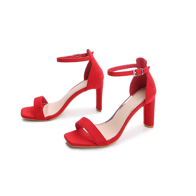 New solid color suede stiletto heels women's head with a line bag with fashion sandals_voghion.com