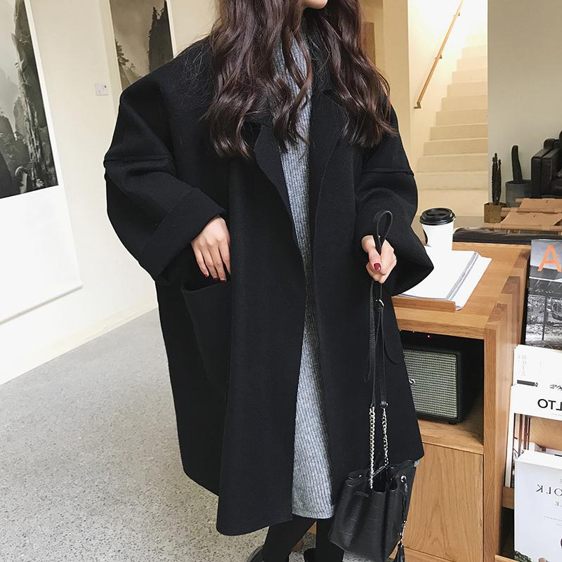 Elegant trenchcoat i ylle vinter för kvinnor Vintage vindjacka mellanlång Lös nedfällbar krage Plus storlek 4XL_voghion.com
