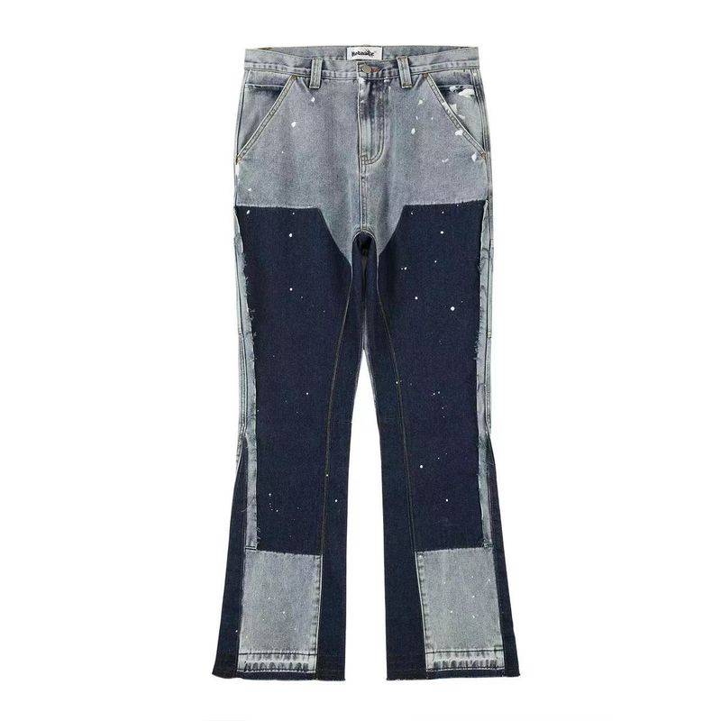 Herrenbekleidung High Street Washed Distressed Stitching Logging Jeans Herren Retro Modetrend Tintenspritzer Print Hose mit weitem Bein_voghion.com