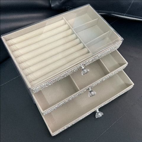 Luksusowy aksamitny organizer na biżuterię – diamentowe akcenty, wieloszufladowy schowek na kolczyki, naszyjniki i pierścionki (elegancka gablota na biurko)_voghion.com