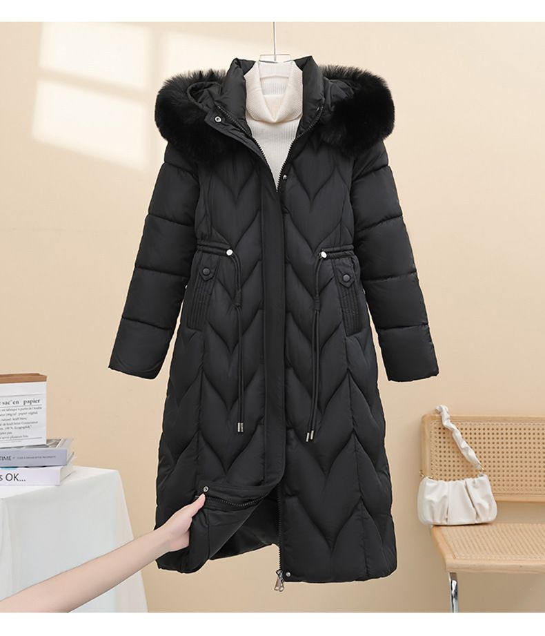 Langer, wattierter Damenmantel mit Kunstpelzkapuze, übergroße Winterjacke, warme Oberbekleidung in Übergröße, modischer Stil, Reißverschluss, mehrere Taschen_voghion.com
