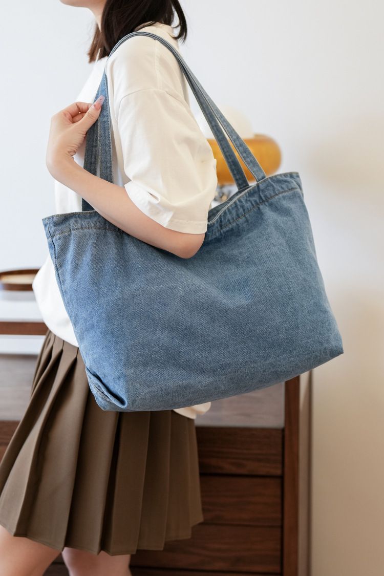 Denim Bag Women's Shoulder Bag Large Capacity Solid Color Washed Denim Bag Student Commuter Shoulder Bag Female Art Casual Handbag_voghion.com