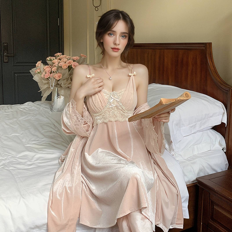 Camicia da notte da donna in due pezzi con cuscino per il seno, camicia da notte termica sexy a maniche lunghe_voghion.com