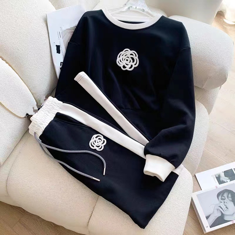 Bluze sport și agrement pentru femei, cu mânecă lungă și guler rotund, cu blocuri de culoare, stil la modă pentru reducerea vârstei, pantaloni largi tricotați, costum din două piese_voghion.com