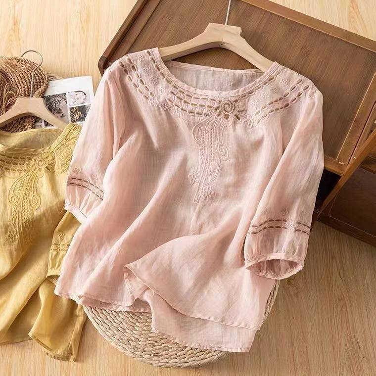 Abbigliamento da donna di alta qualità in ramiè e lino, taglia grande, maglietta estiva a maniche corte per mamma di mezza età_voghion.com