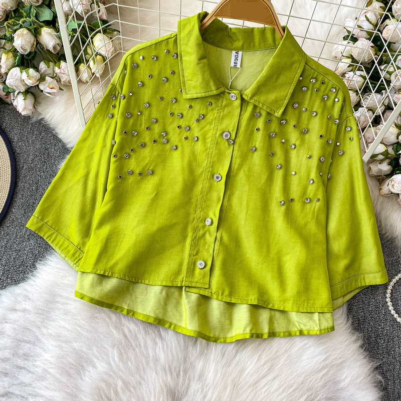 Luxe blouse met versieringen voor dames, statement revers, top met halflange mouwen, 8 levendige kleuren (zwart/groen/rood/meer) voor op kantoor en een avondje uit_voghion.com