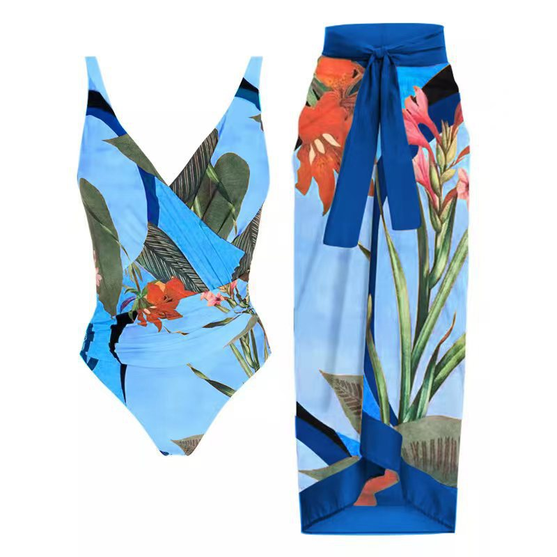 Maillot de bain bikini imprimé floral vintage avec robe transparente - Ensemble une-pièce dos nu à bretelles et paréo de plage deux pièces pour femme_voghion.com