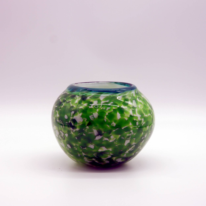 Handcrafted Glass Tea Holder, Speckled Pattern, Round Globe Shape, Green And Blue Rim, Decorative Holder For Home_voghion.com