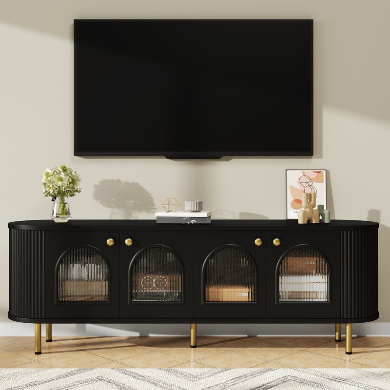 TV-Schrank Mit Glastüren, Lowboard Mit Goldenen Griffen und Beinen, Fürs Wohnzimmer_voghion.com