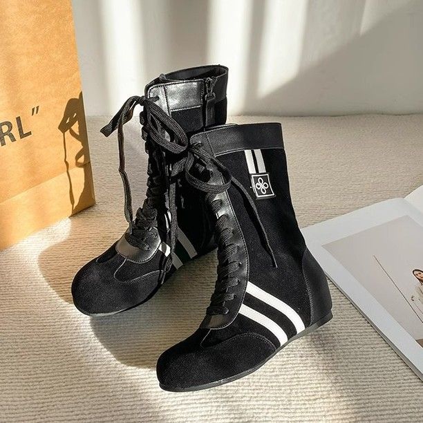Cowhide Version~ Flat Inner Height Increasing Boxing For Women, New Round Toe Martin Lace-up Mid-calf Boots, Short Boots_voghion.com