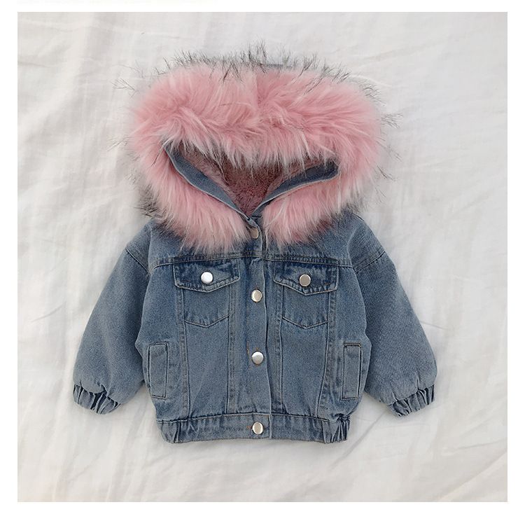 Nuovi vestiti autunnali e invernali per bambine, cappotto spesso in denim e velluto, stile coreano, cappotto in cotone con ampio collo di pelliccia per bambini_voghion.com