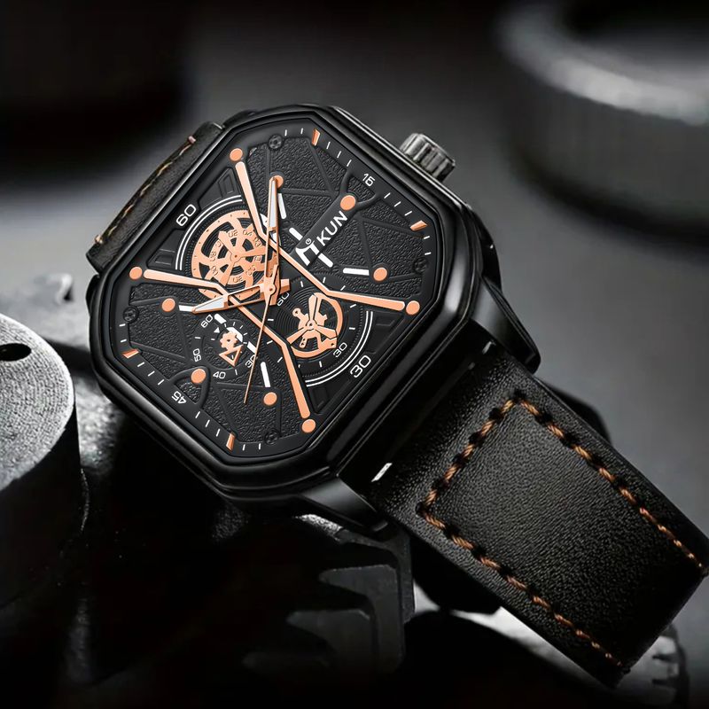 New Fashionable Double-Layer Square Case Leather Strap Quartz Watch And 8-Shaped Leather Bracelet Set_voghion.com