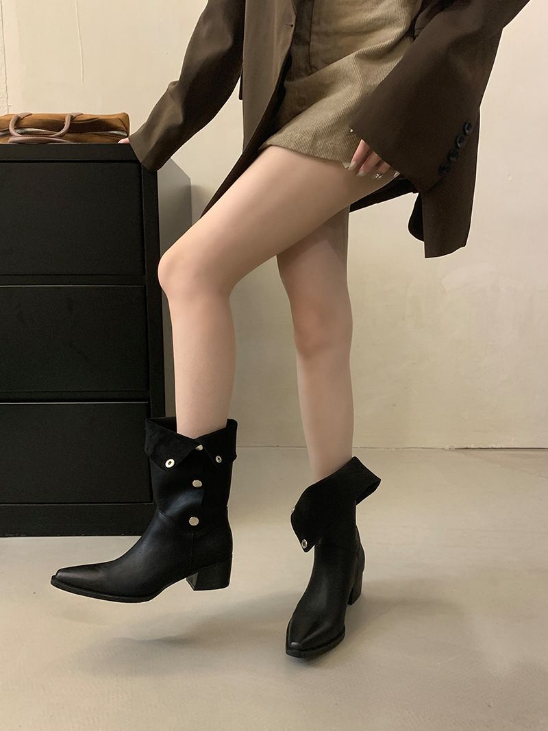 Damenschuhe Stiefeletten Herbst Neue Stiefel aus weichem Leder in geriebener Farbe Metall versteckte Schnalle kann gefaltet werden Zwei Tragemöglichkeiten Retro-Ritterstiefel mit dickem Absatz_voghion.com